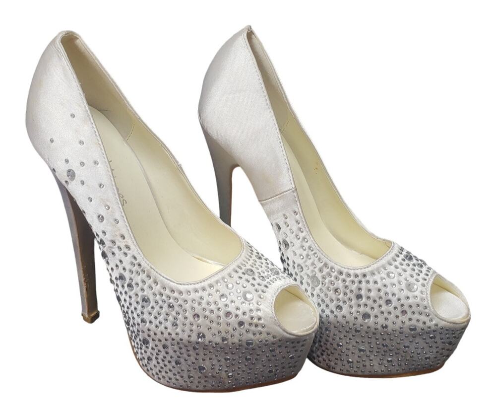 DailyShoes White Ivory Satin Rhinestone Ultra High Stiletto Platform Heels